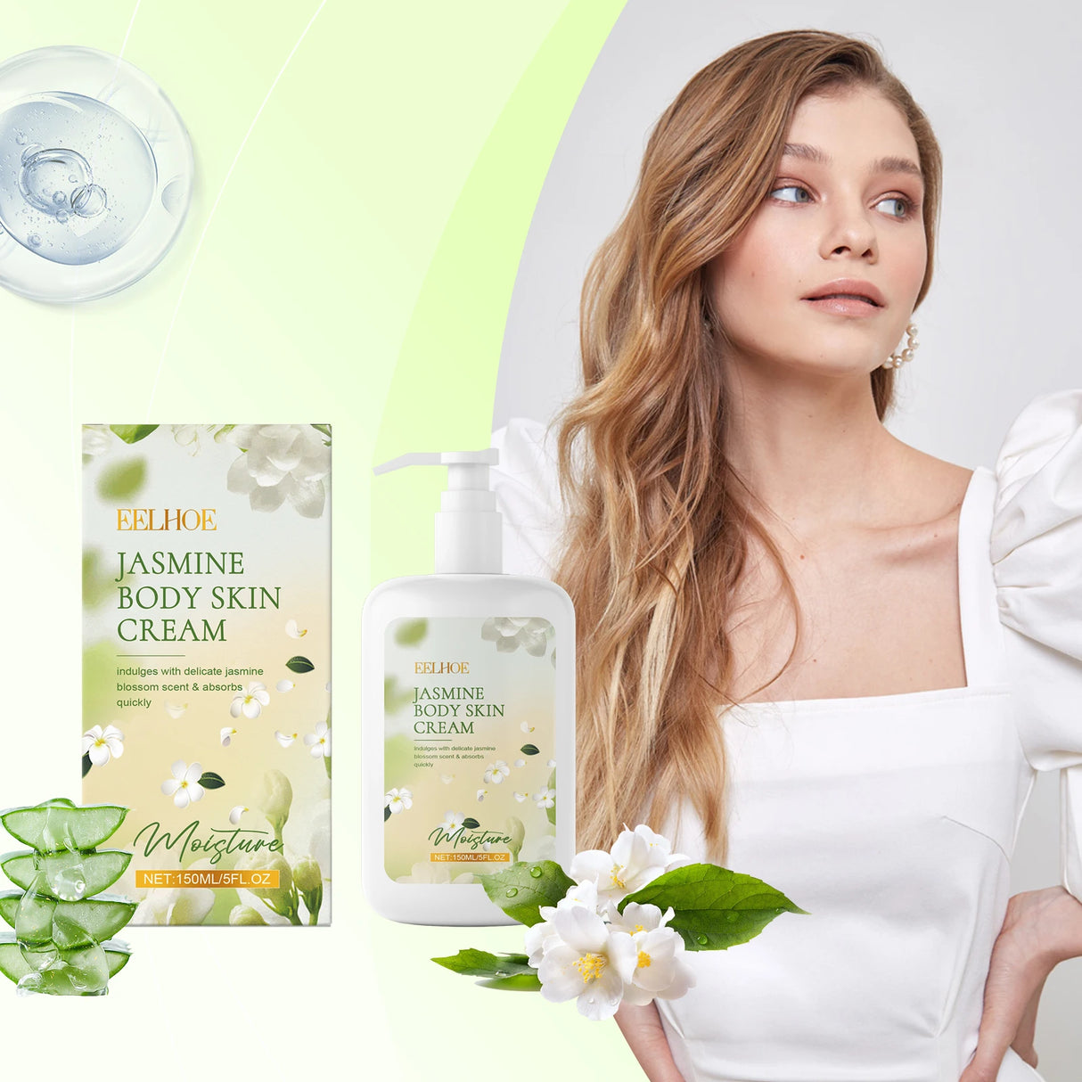 Woman with long blonde hair and a white top, surrounded by Felhor Jasmine Body Skin Cream packaging and aloe vera plant.