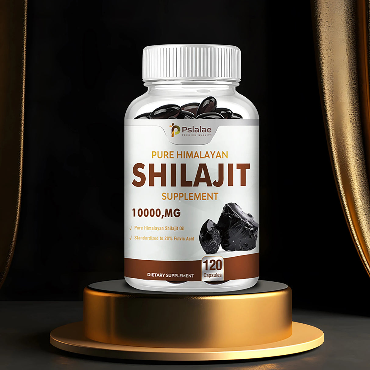 Bottle of Pure Himalayan Shilajit Supplement on a gold stand with a dark background