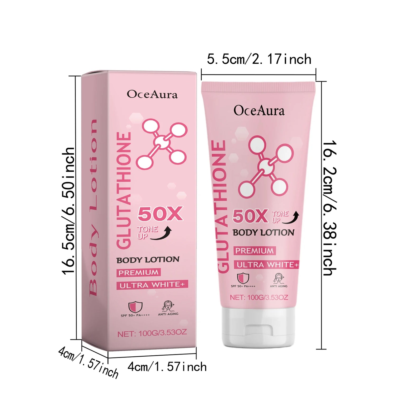 OceAura Glutathione body lotion packaging with dimensions on a white background