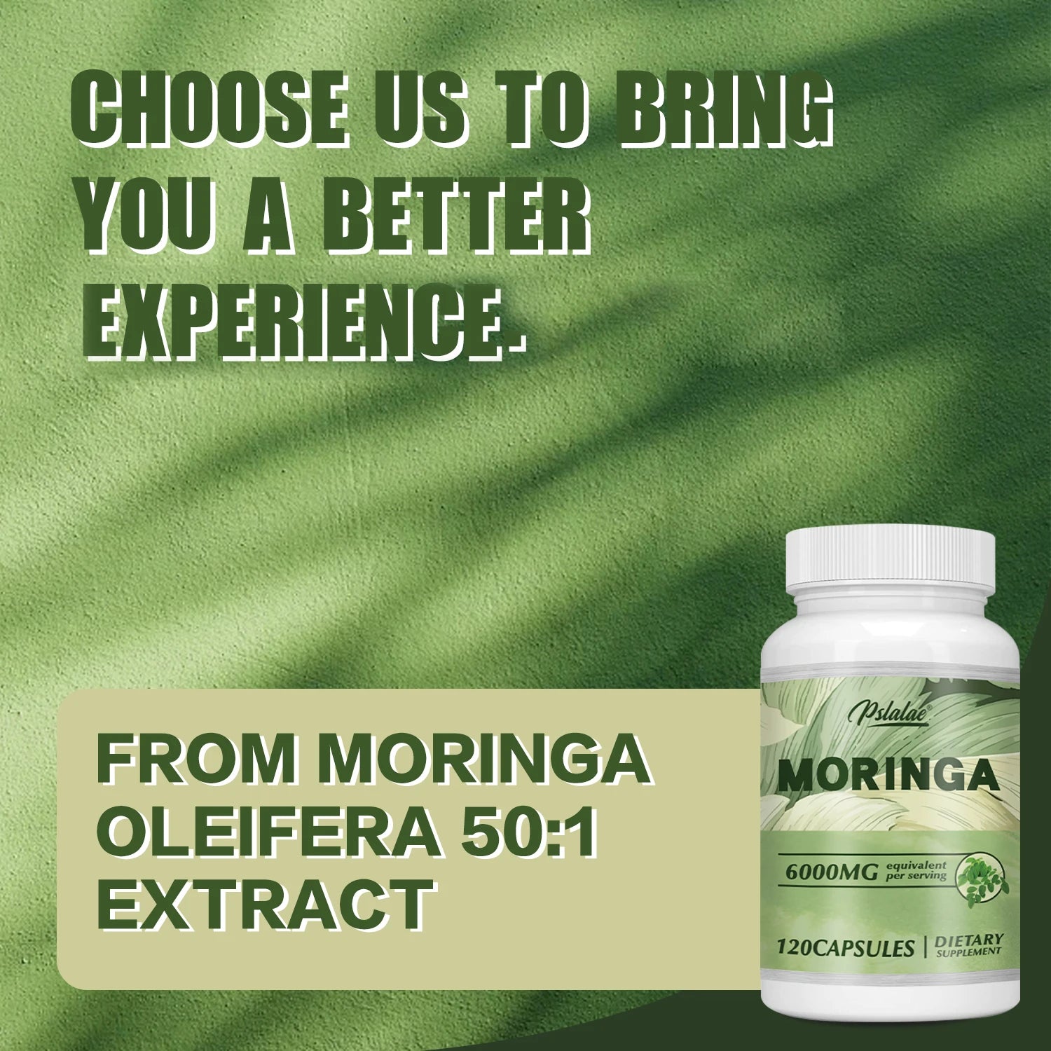 Bottle of Moringa Oleifera extract with text on a green background