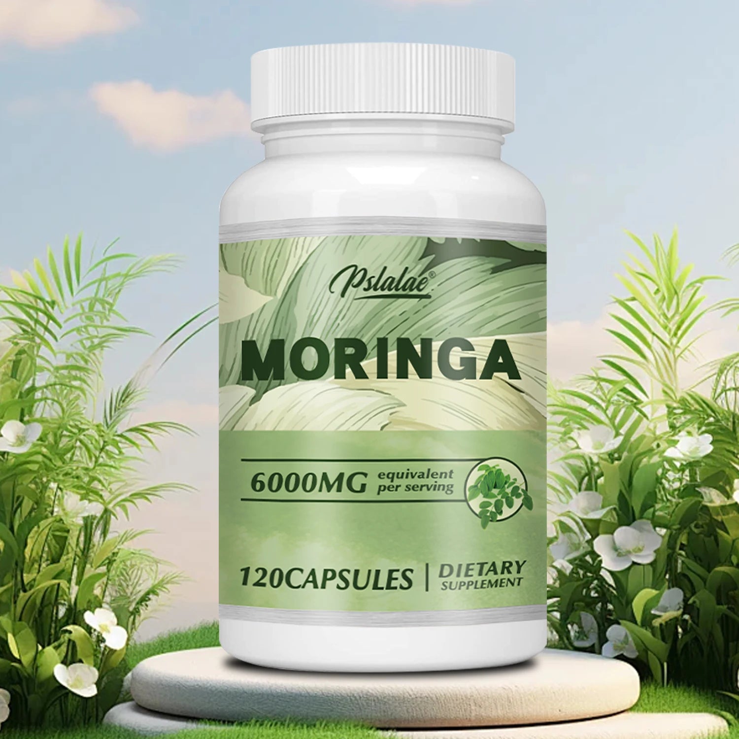 Supplement bottle labeled 'Moringa' with a natural background