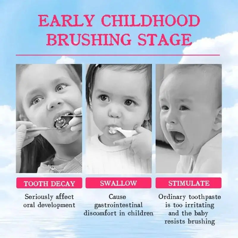 Infographic on early childhood brushing stage with images of children and text about tooth decay, swallowing, and stimulation.