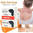Kojic Acid Soap packaging with a woman applying soap to her back, showing before and after effects.