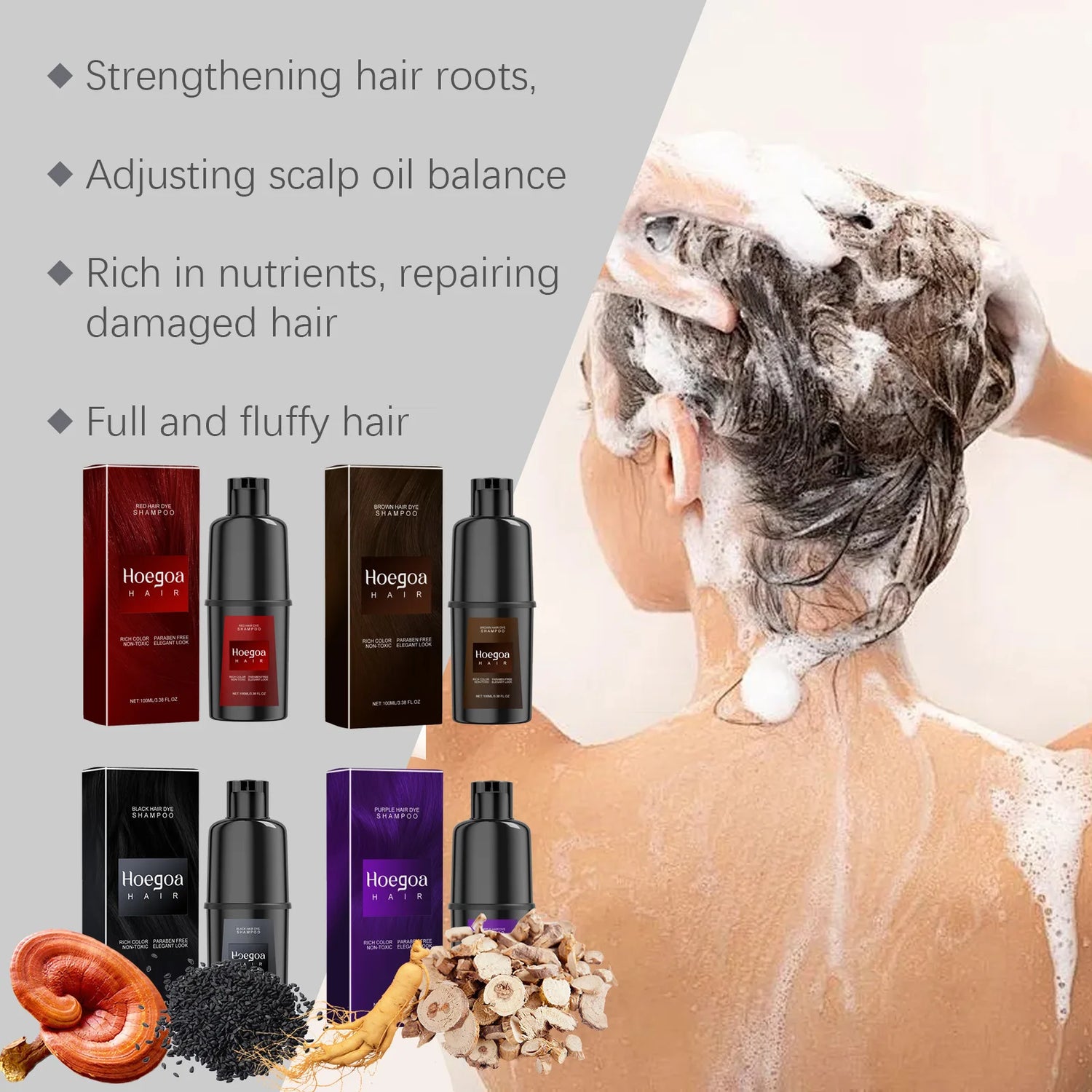 Person washing hair with shampoo, surrounded by Hoegaar hair care products and ingredients.