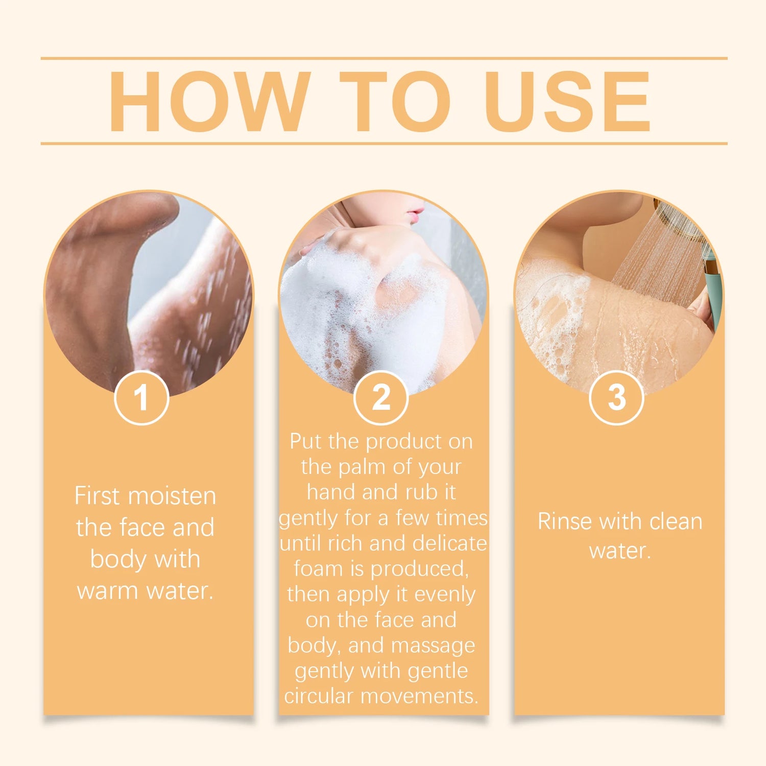 Instructions on how to use a product with three steps shown.