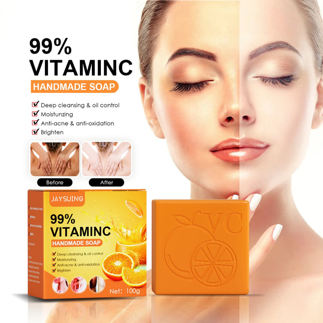 Orange soap bar with packaging and a woman's face showing before and after effects.