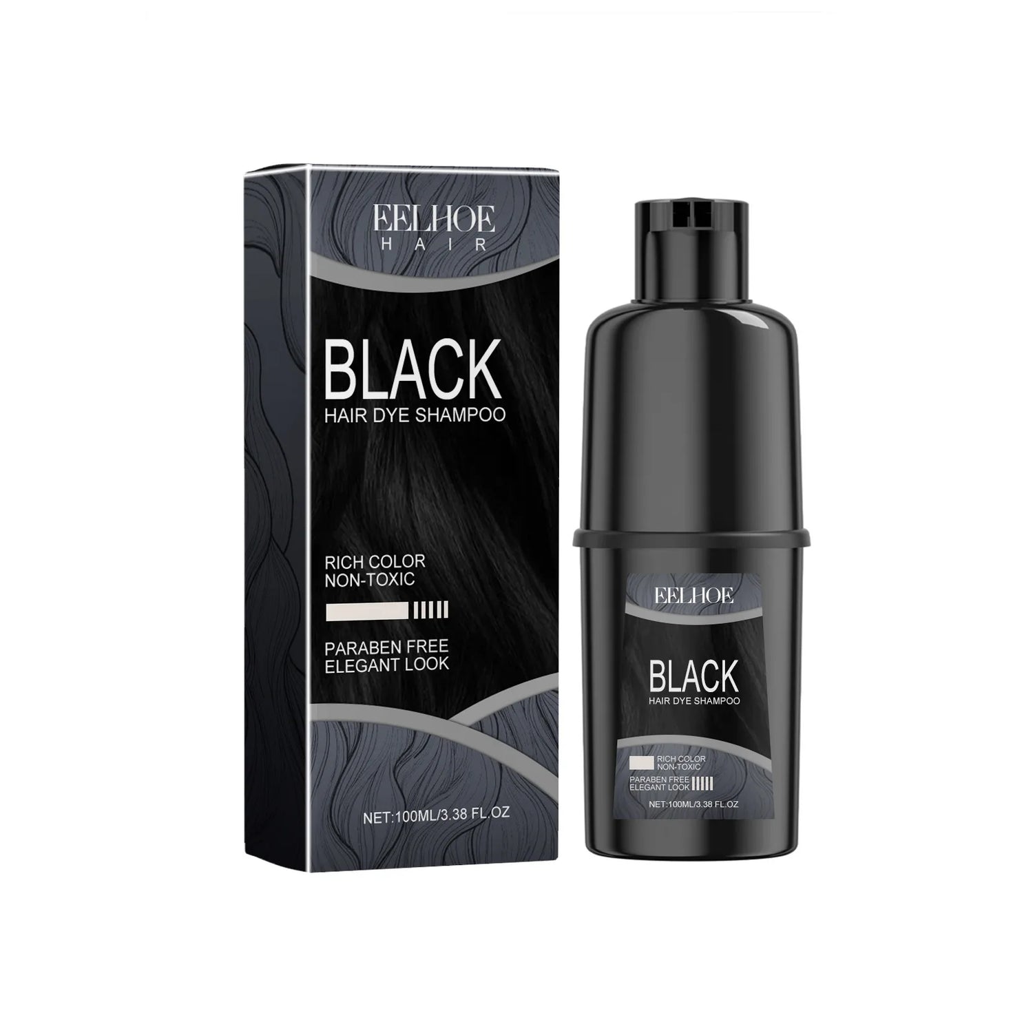 Black hair dye shampoo bottle and packaging on a white background