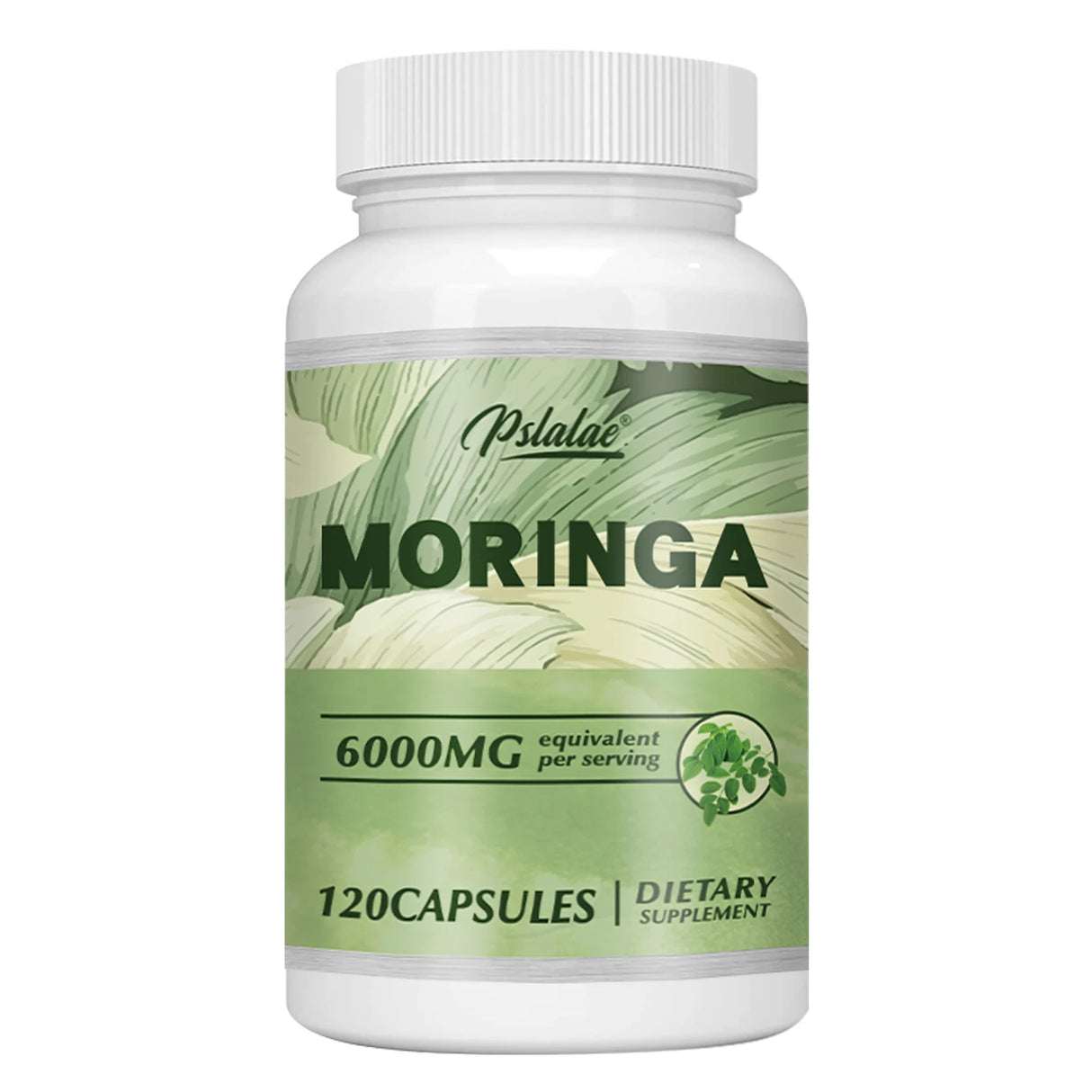 Supplement bottle labeled 'Moringa' with green and white design on a white background