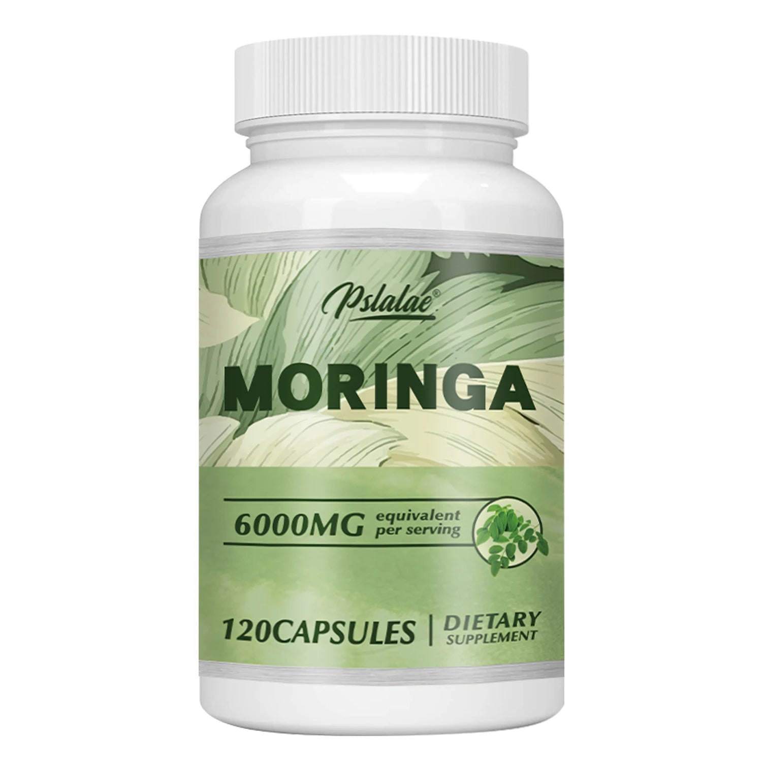 Supplement bottle labeled 'Moringa' with green and white design on a white background