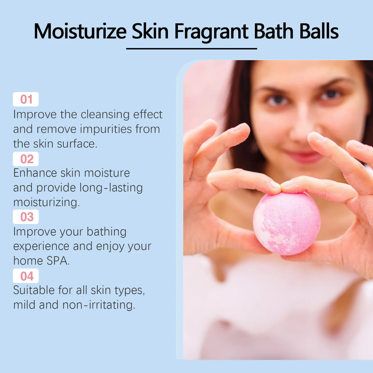 Person holding a pink bath ball with text about moisturizing skin fragrant bath balls.