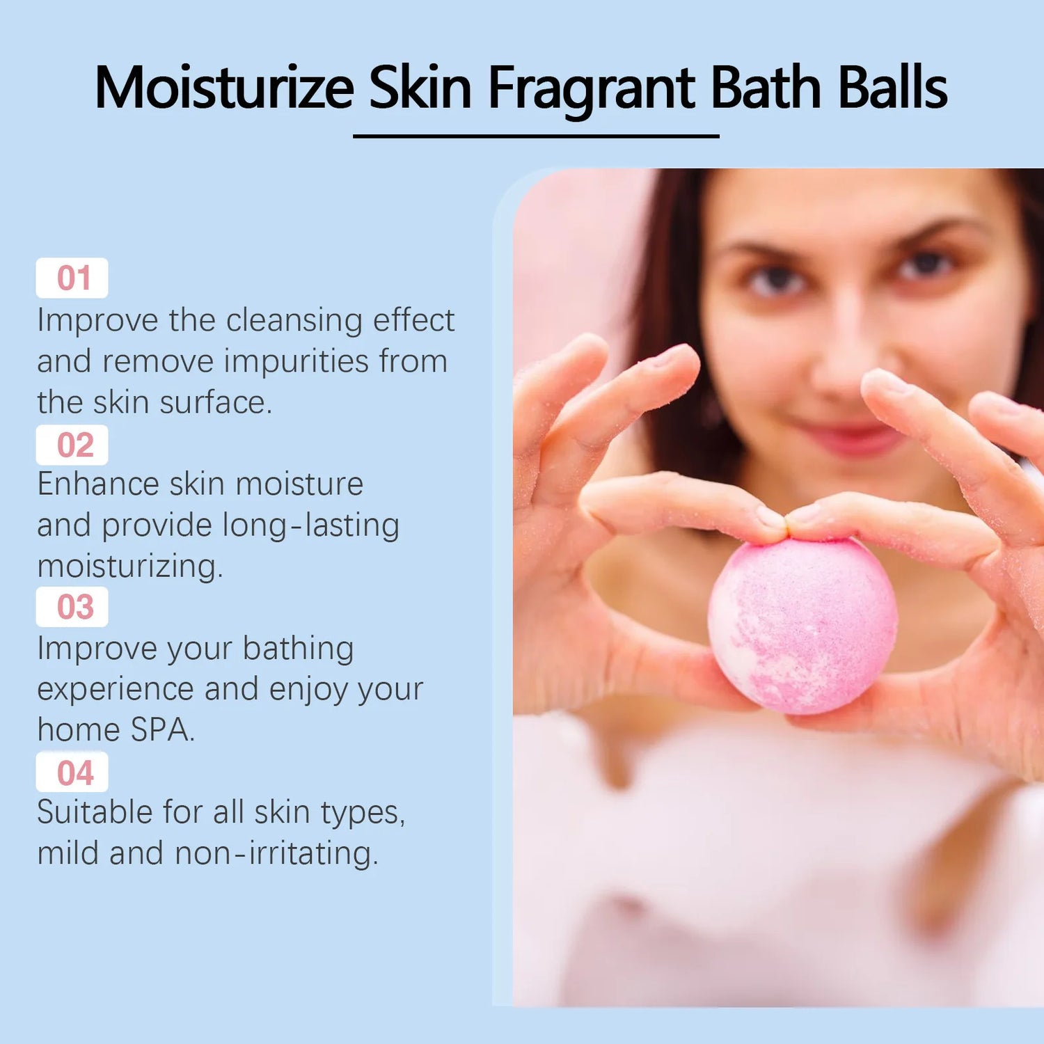 Person holding a pink bath ball with text about moisturizing skin fragrant bath balls.