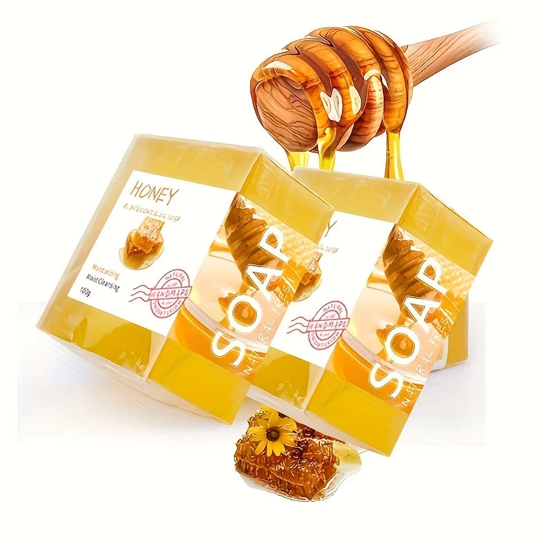 Honey soap packaging with a honey dipper on a white background