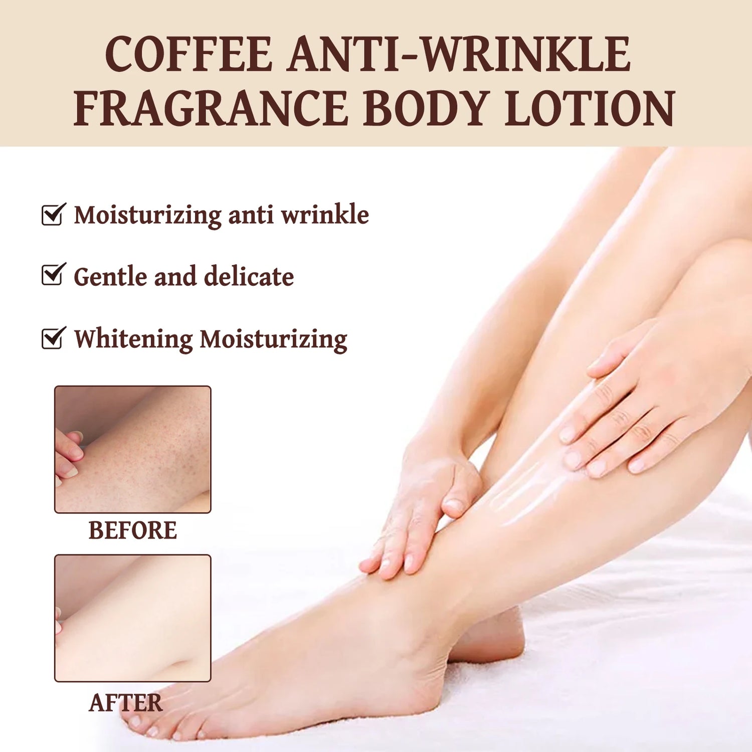 Coffee anti-wrinkle fragrance body lotion with before and after effects on skin.
