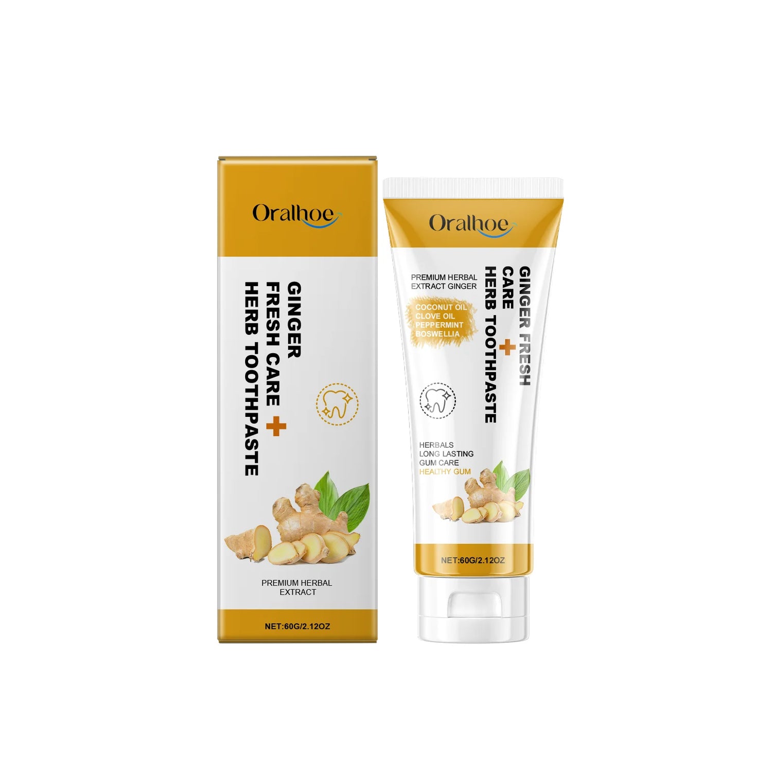Oralthoe Ginger Fresh Herb Toothpaste packaging on a white background