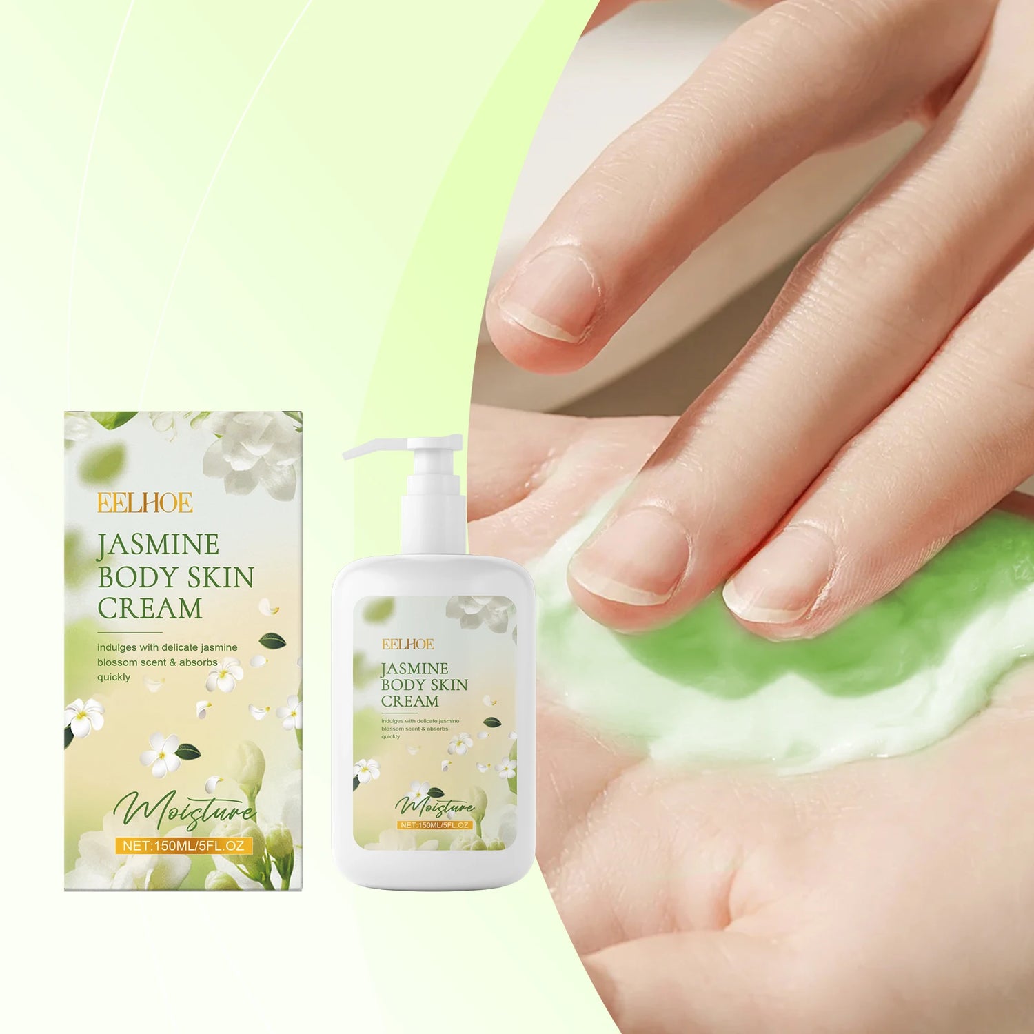 Eelhoe Jasmine Body Skin Cream packaging and application on skin with a green background