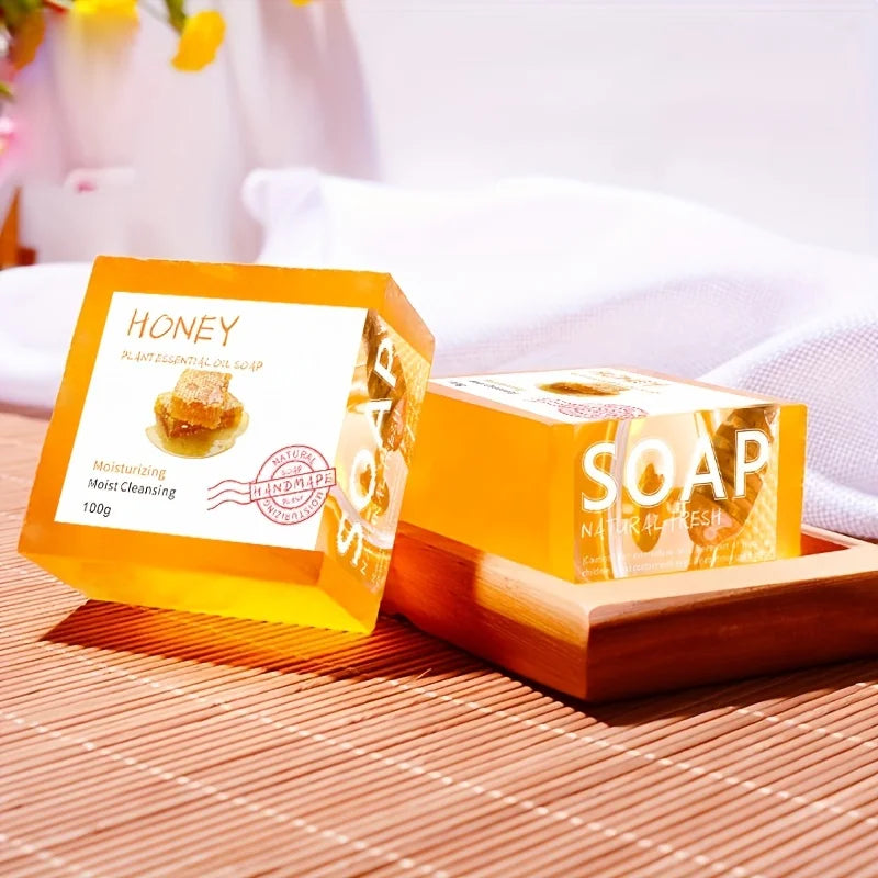 Honey soap with packaging on a wooden tray