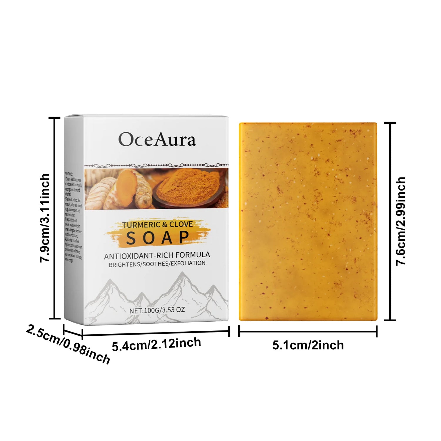 OceAura Turmeric & Clove Soap with dimensions displayed