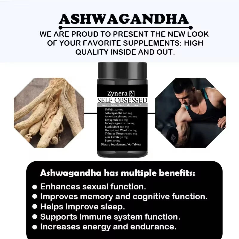 Advertisement for Zynera Ashwagandha supplements with text and images of the product and benefits.