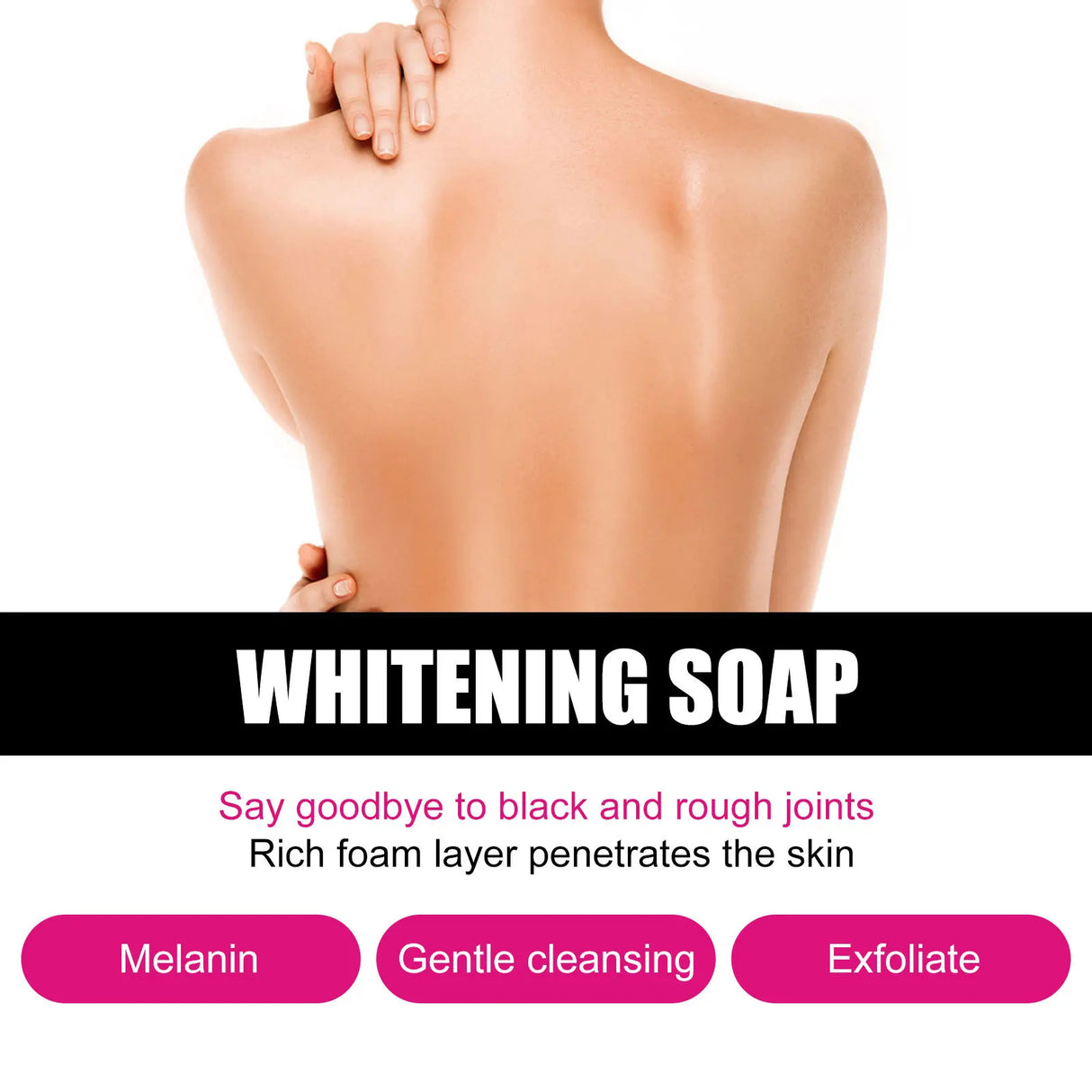 Advertisement for whitening soap showing a person's back with text highlighting benefits.