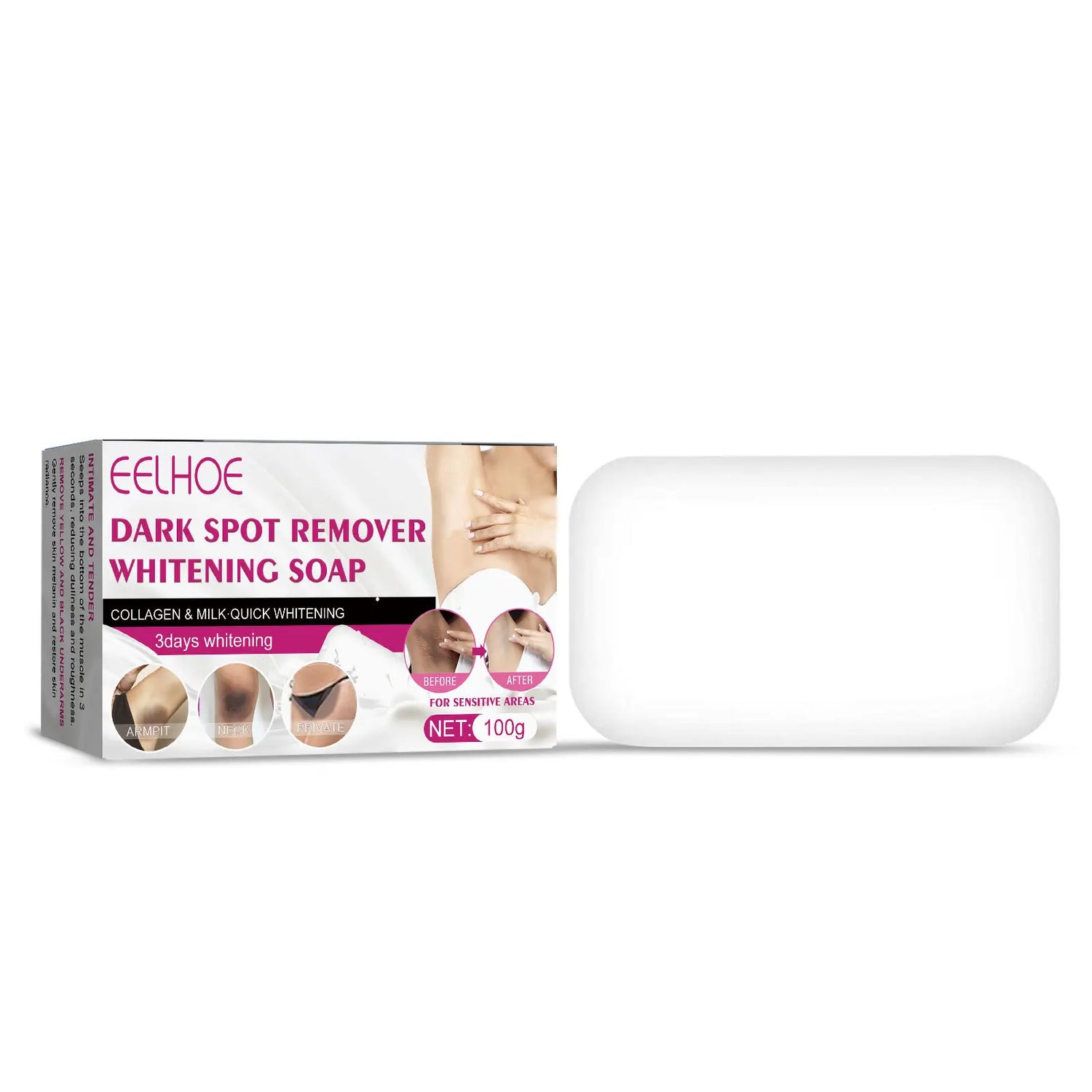 Dark spot remover whitening soap with packaging on a white background