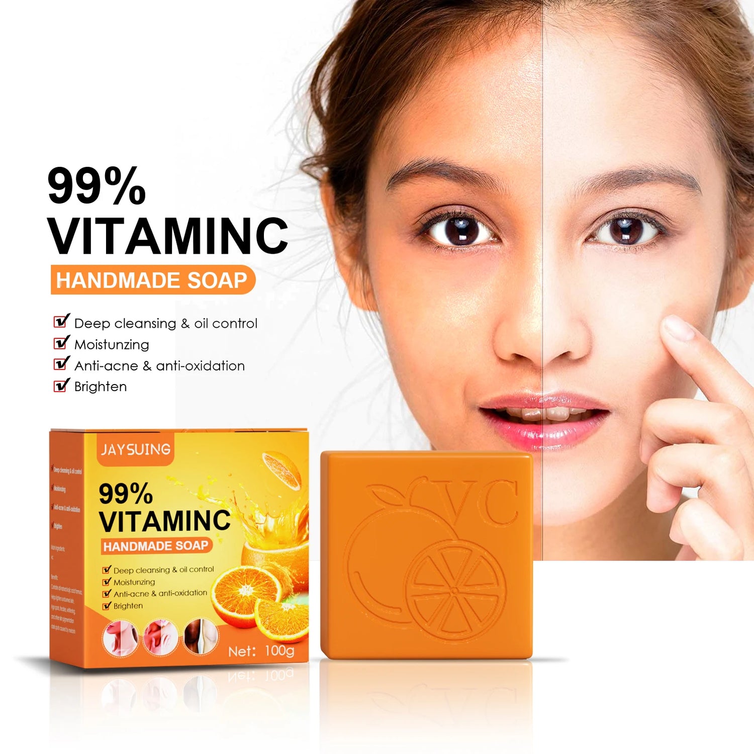 Orange soap bar with packaging and a woman applying it to her face.