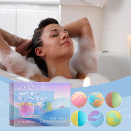 Woman relaxing in a bathtub with bubbles, JYSKING bath balls packaging, and colorful bath bombs.