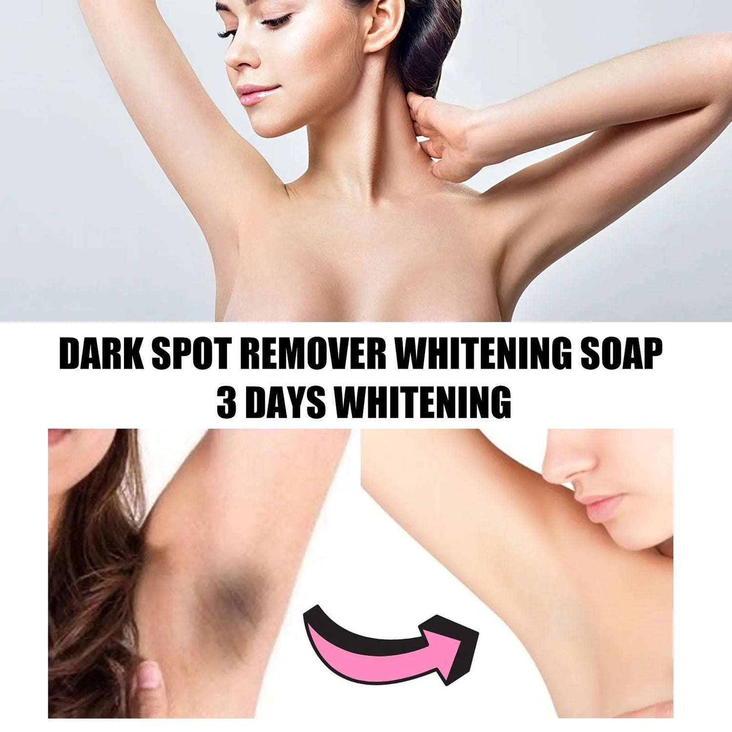 Advertisement for dark spot remover whitening soap showing before and after effects on skin.
