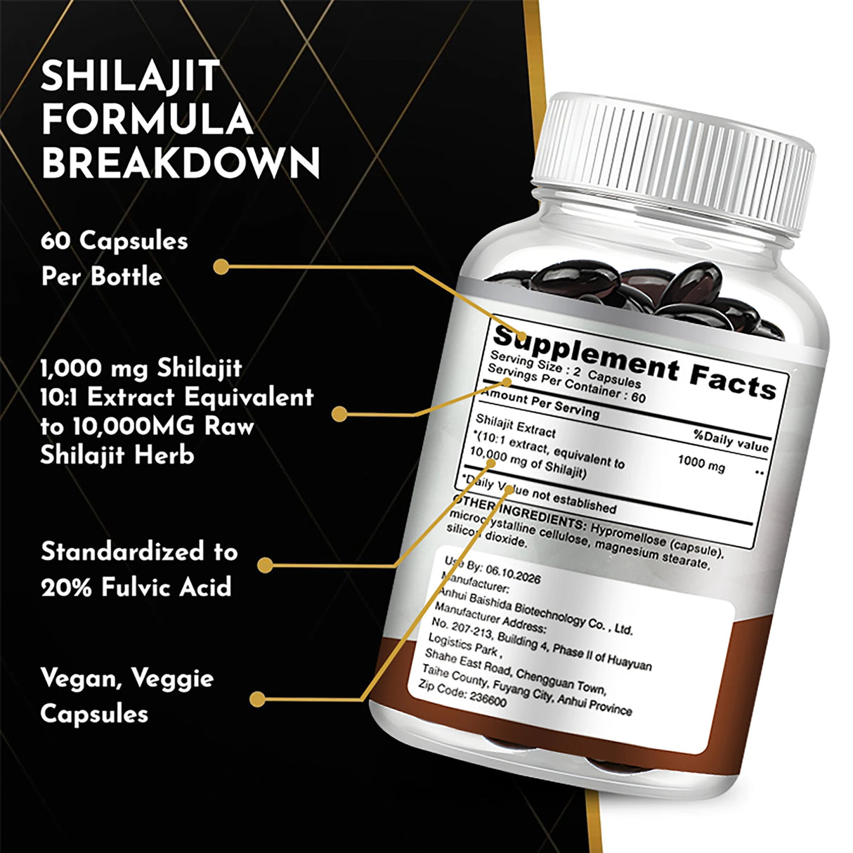 Supplement bottle with label detailing Shilajit formula breakdown on a black background