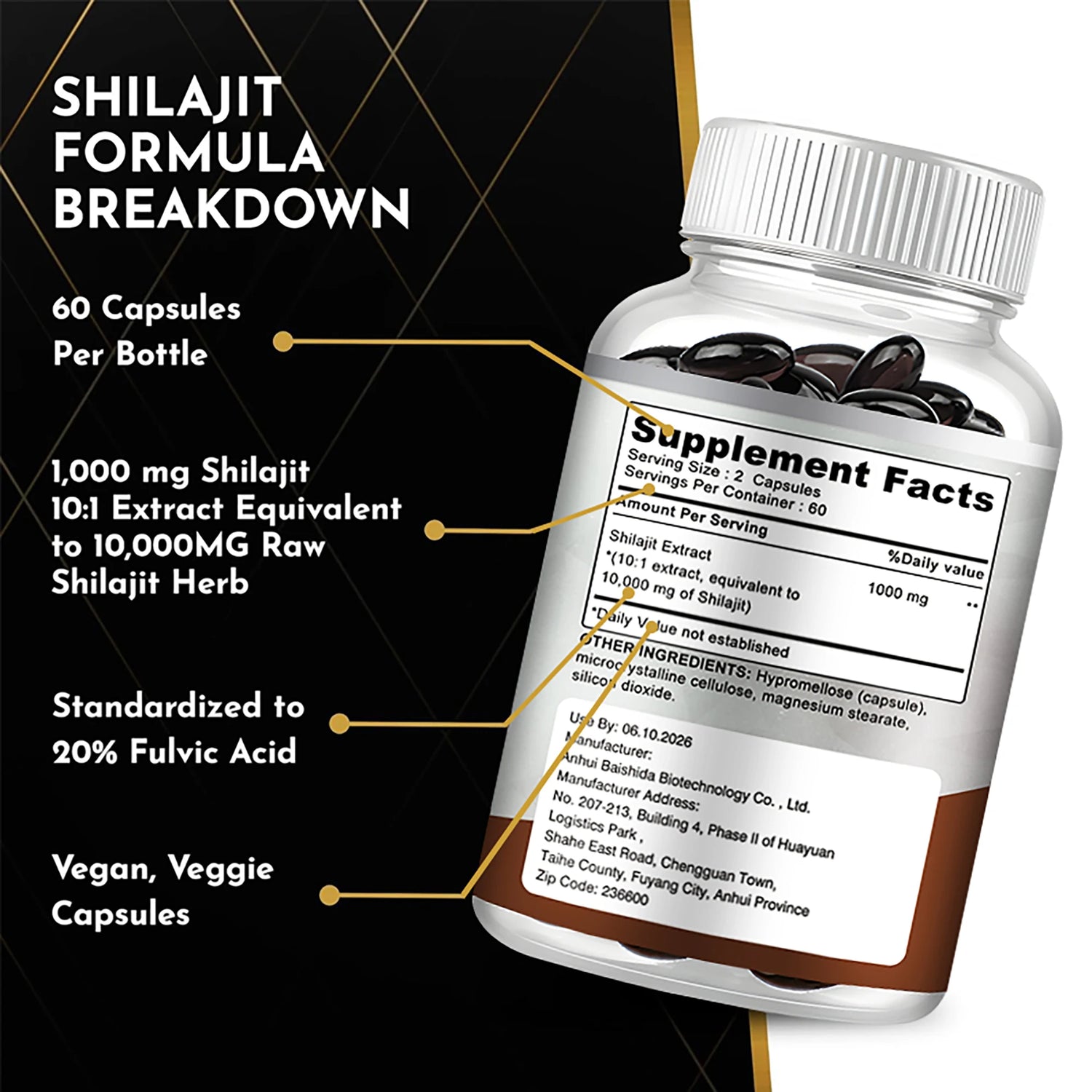 Supplement bottle with label detailing Shilajit formula breakdown on a black background