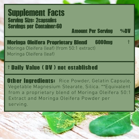 Supplement facts label with Moringa Oleifera Proprietary Blend on a green background with leaves.