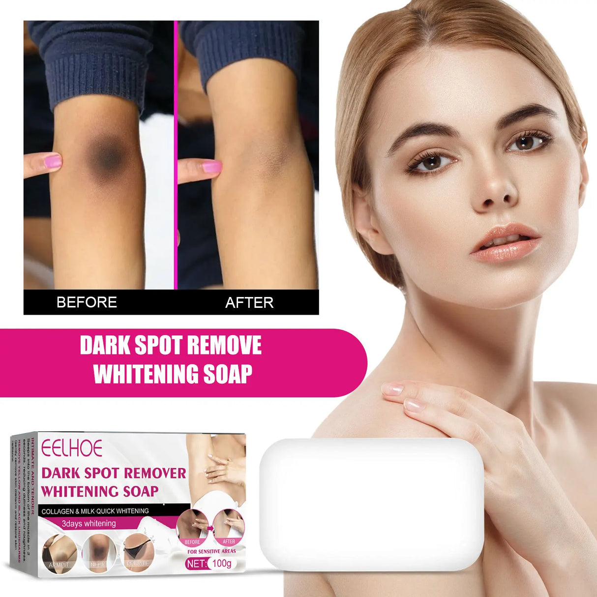 Dark spot remove whitening soap packaging with a woman's face and arms showing before and after effects.