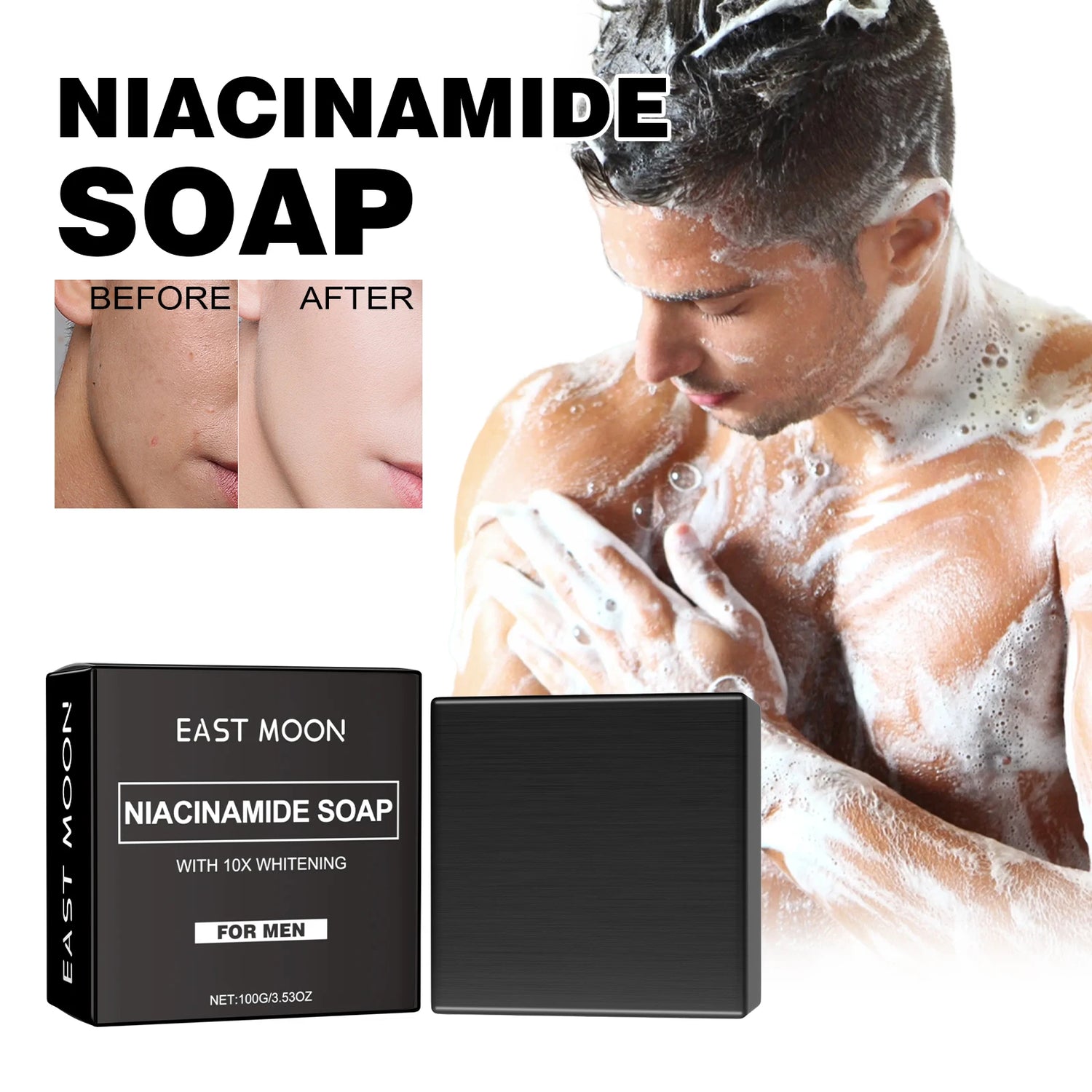 Niacinamide soap packaging with a man using it, showing 'Before' and 'After' effects.