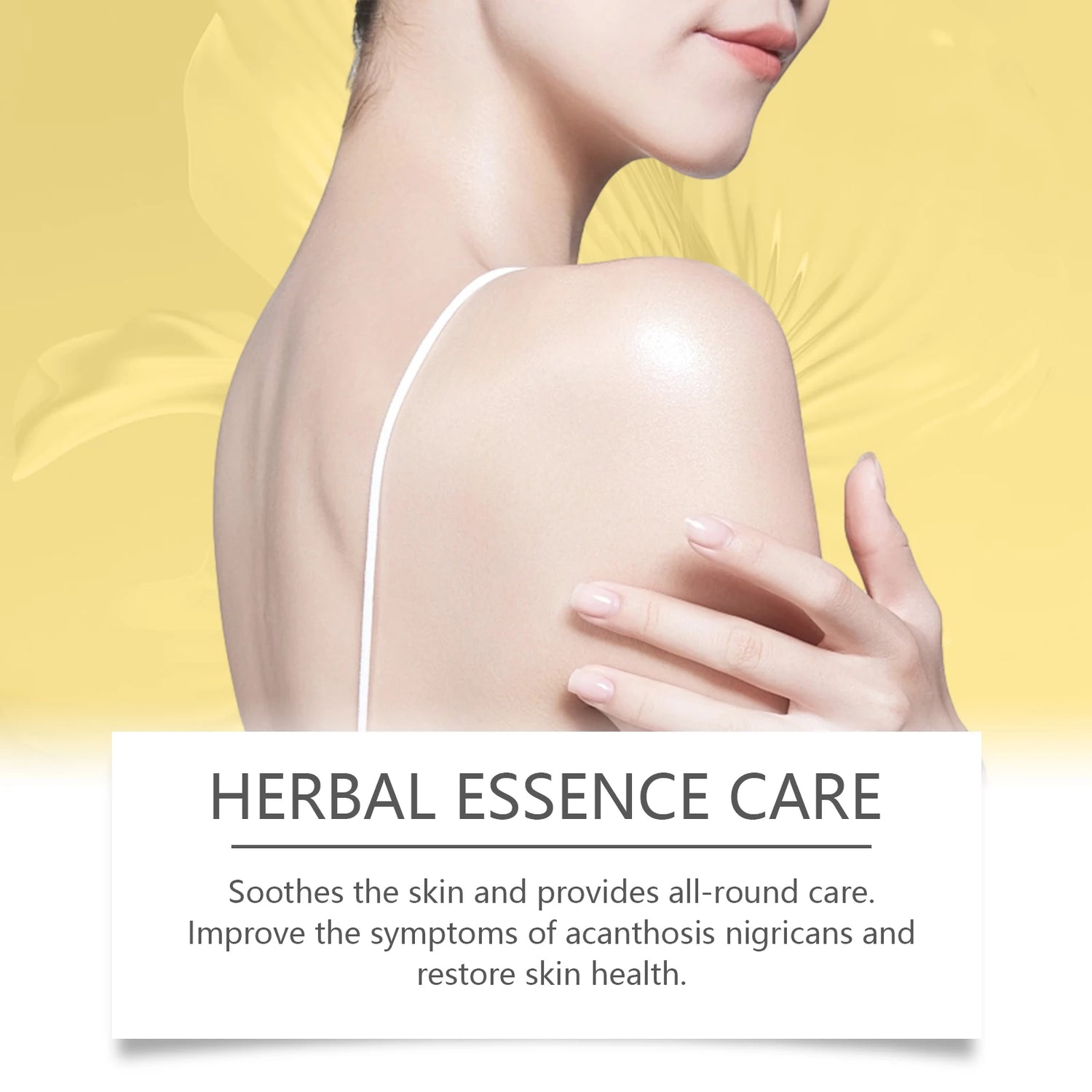 Woman's shoulder with text about herbal essence care on a yellow background