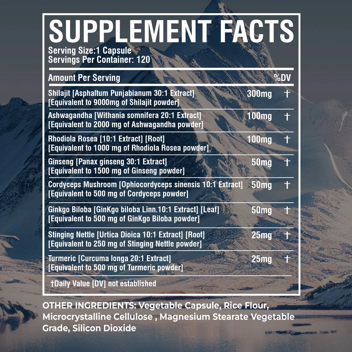 Supplement facts label with mountain background