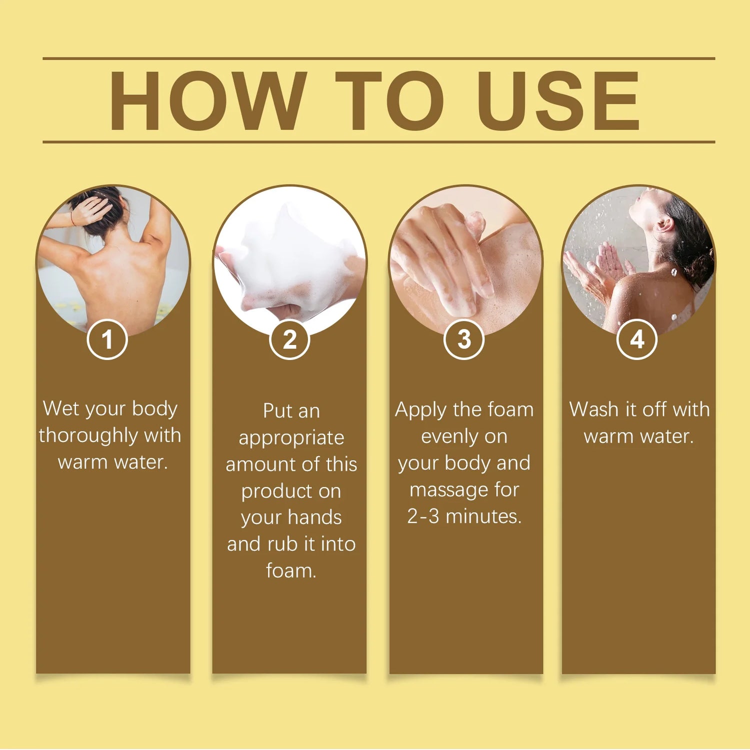 Instructions on how to use a product with four steps shown.