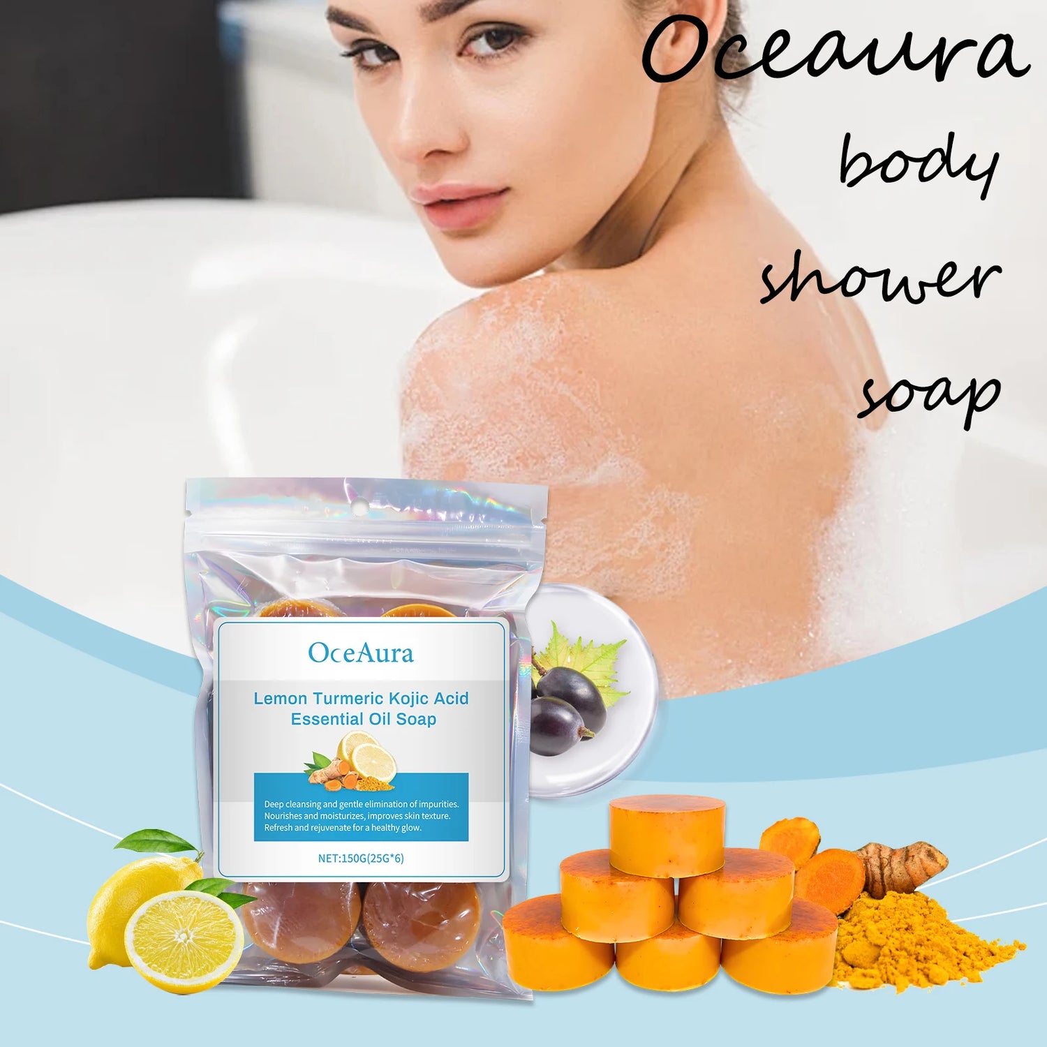 OceAura body shower soap packaging with a woman in a bathtub and soap ingredients displayed.