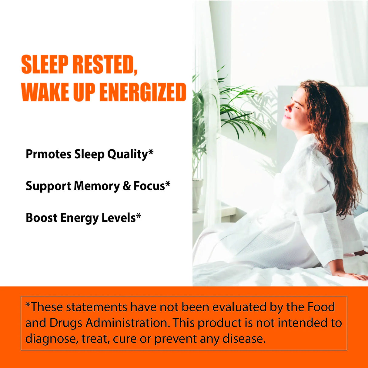 Woman sitting by a window with text about sleep quality, memory, and energy levels.