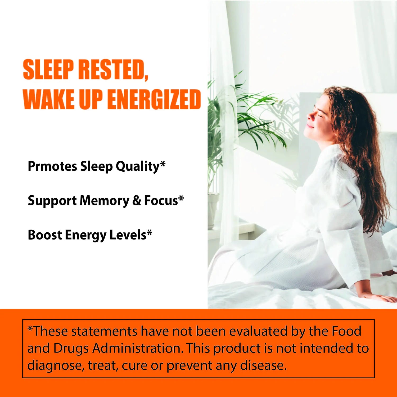 Woman sitting by a window with text about sleep quality, memory, and energy levels.