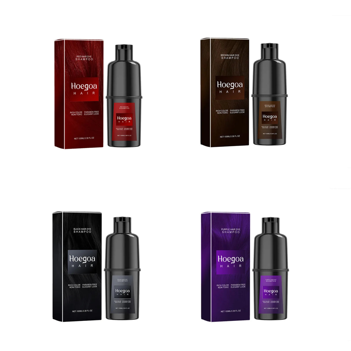 Collection of Hoegaon hair care products including bottles and boxes on a white background