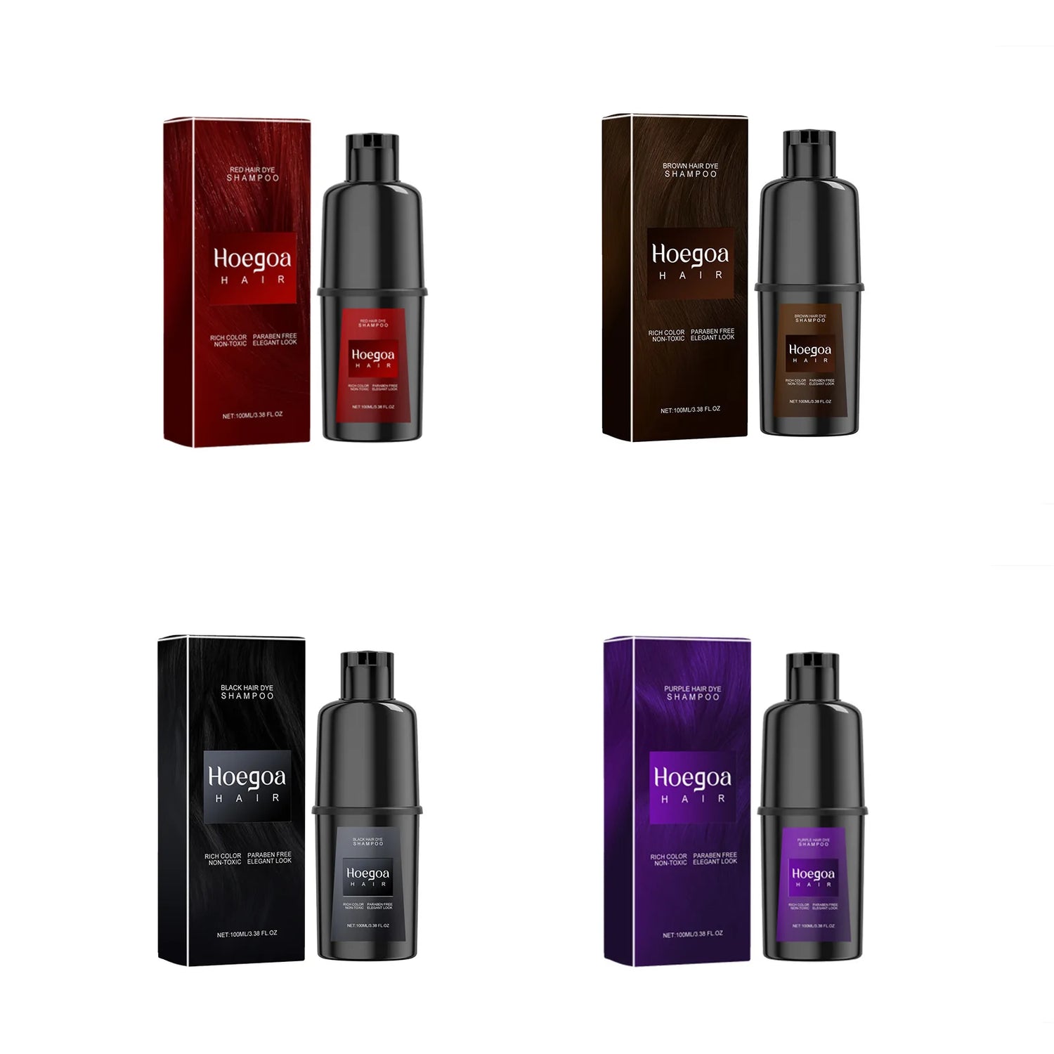 Collection of Hoegaon hair care products including bottles and boxes on a white background