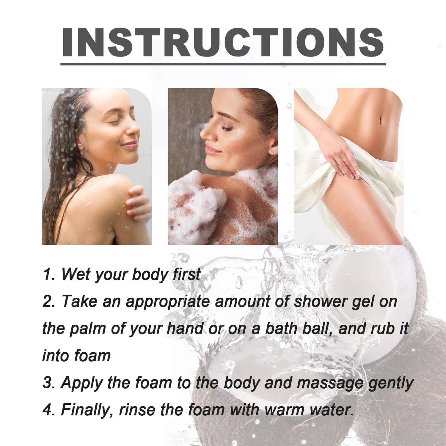 Instructions for using shower gel with images of a woman washing herself and applying foam.