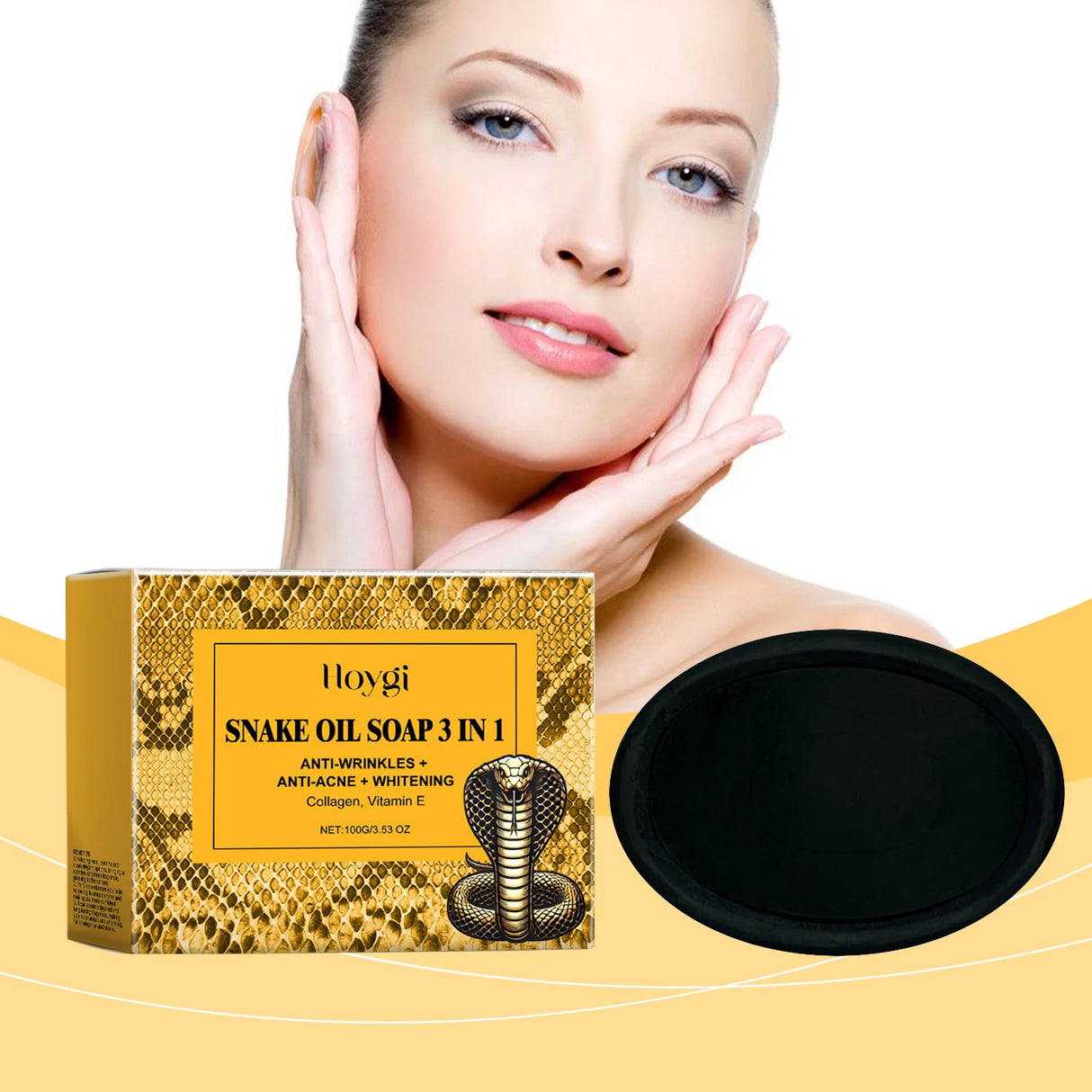Snake oil soap packaging with a woman's face and black soap bar on a yellow background