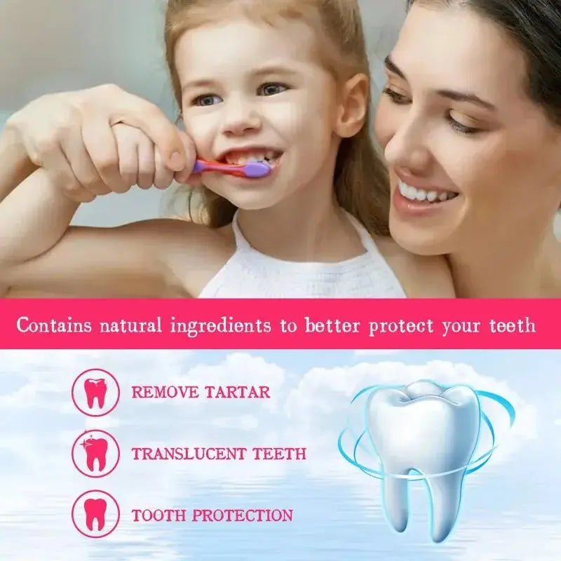 Woman teaching a child how to brush teeth with a toothbrush, featuring text about dental care products.
