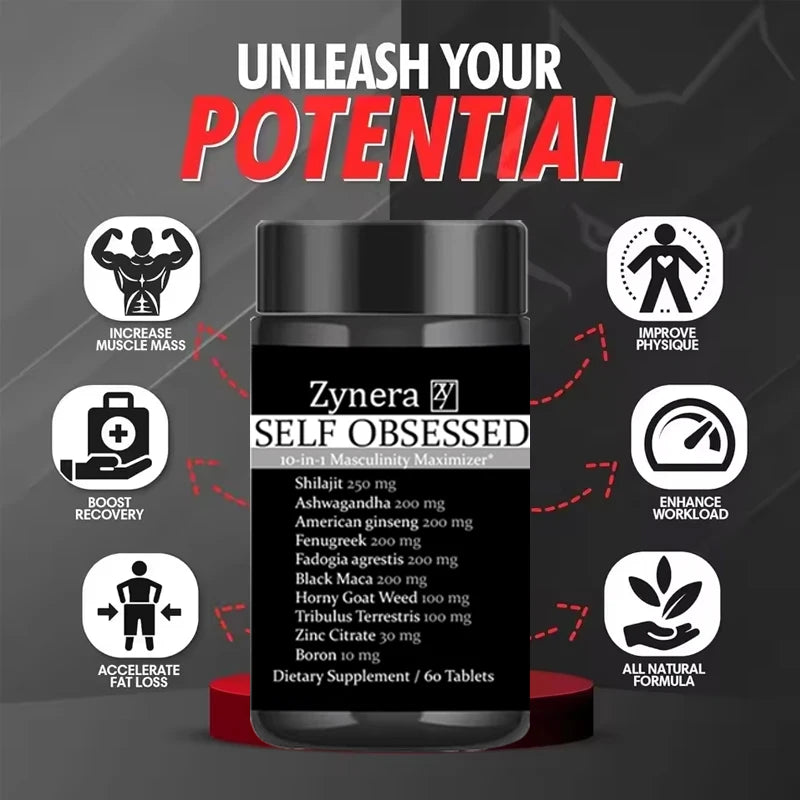Supplement bottle labeled 'Zynera Self Obsessed' with promotional text and icons on a dark background