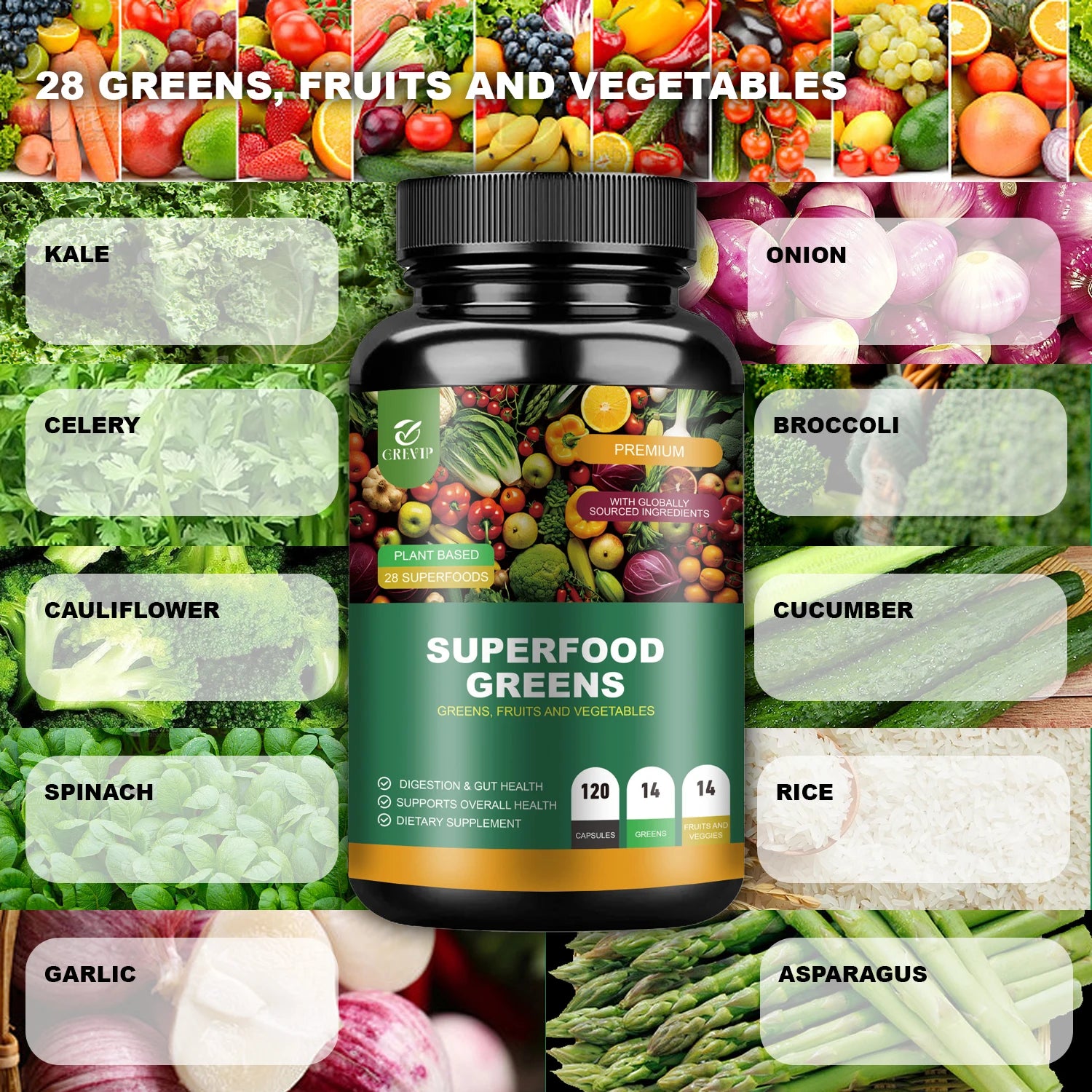 Supplement bottle labeled 'Superfood Greens' surrounded by images of fruits and vegetables with labels.