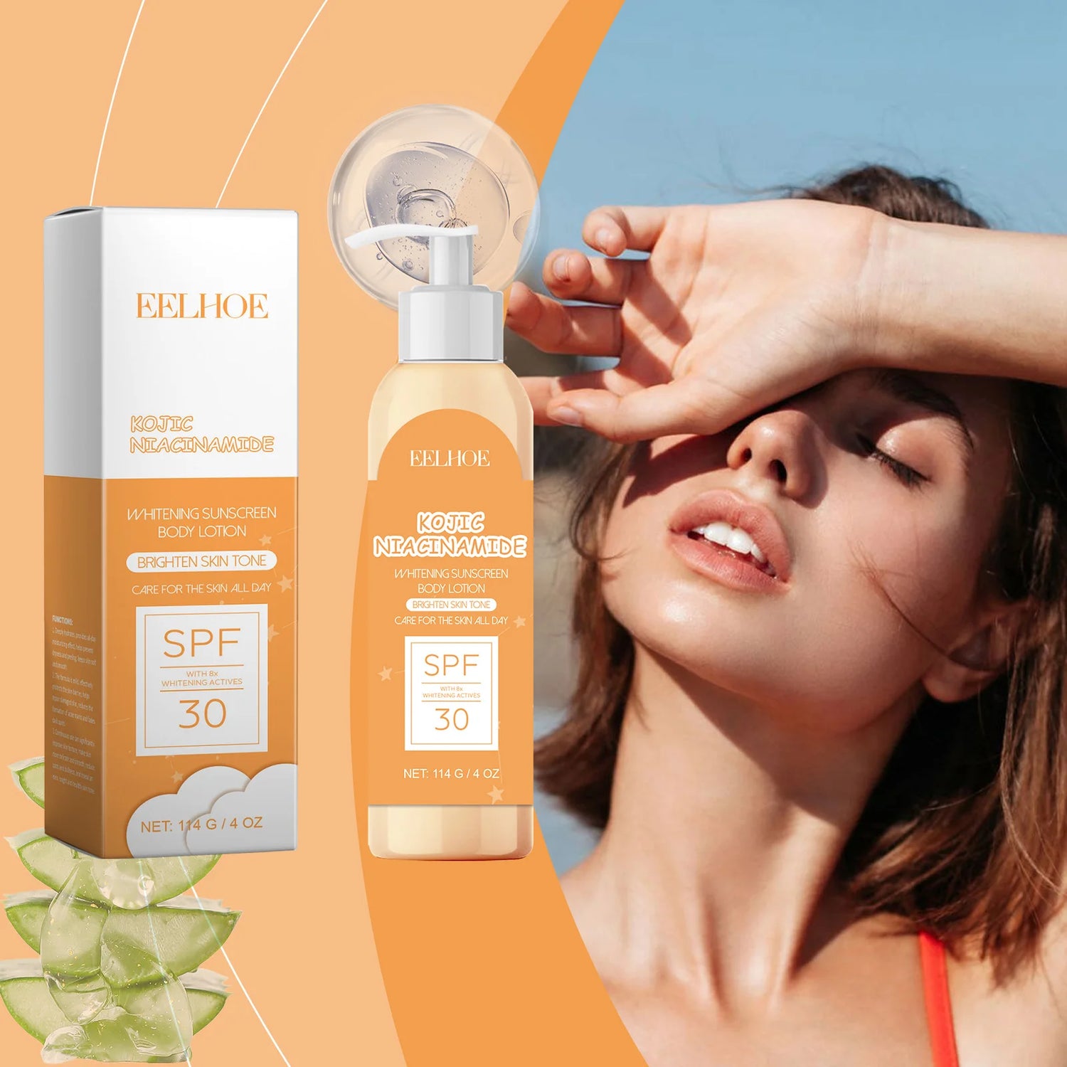 Eelhoe sunscreen bottle and packaging with a woman applying sunscreen on an orange and blue gradient background.