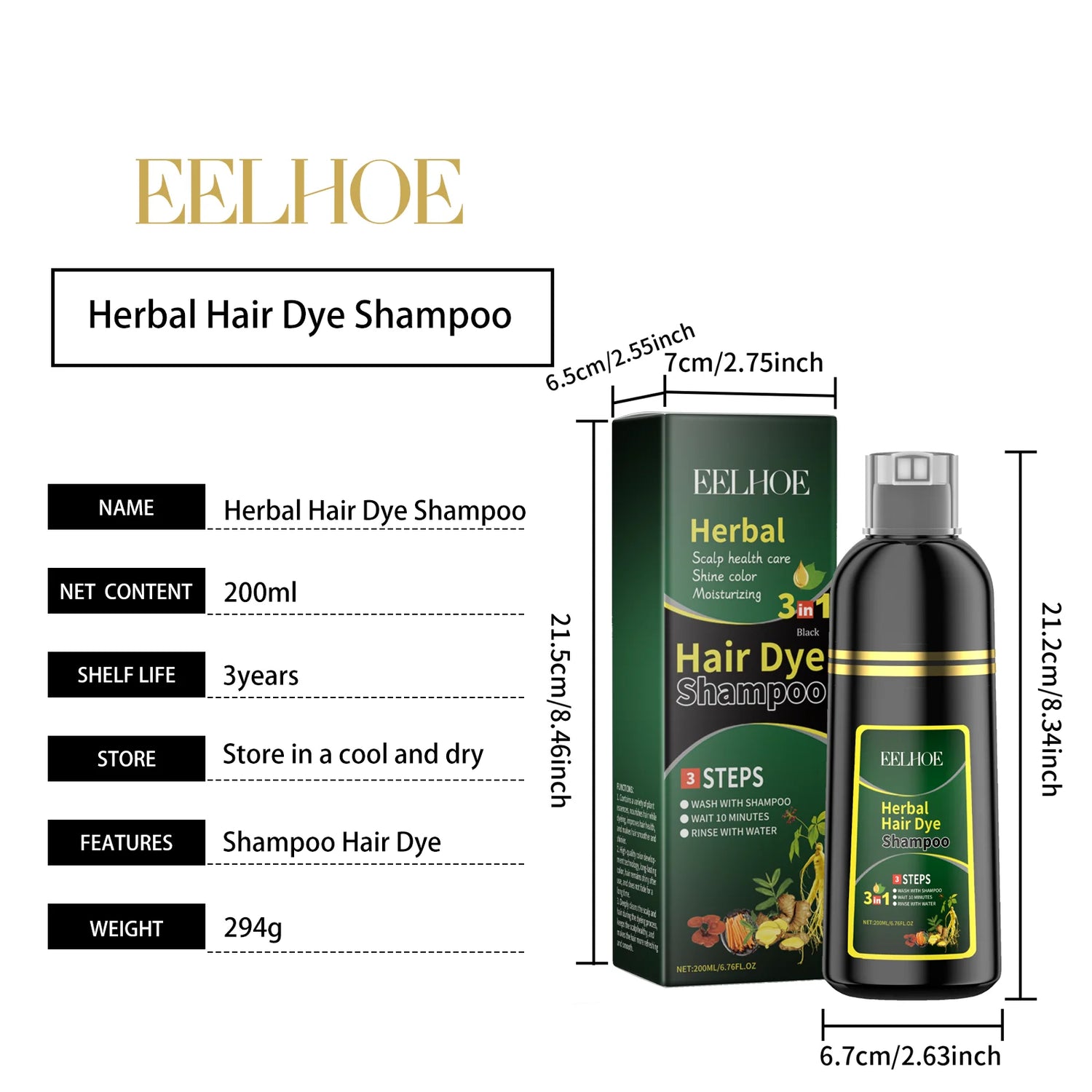 Eelhoe Herbal Hair Dye Shampoo packaging with dimensions and product details on a white background
