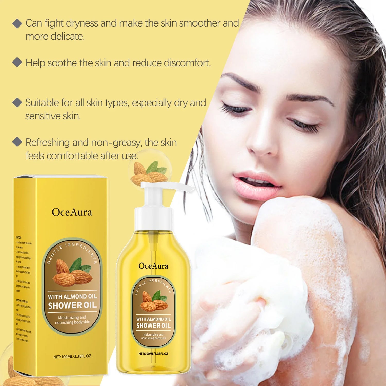 OceAura shower oil with packaging and a woman washing her hair, featuring product benefits on a yellow background.