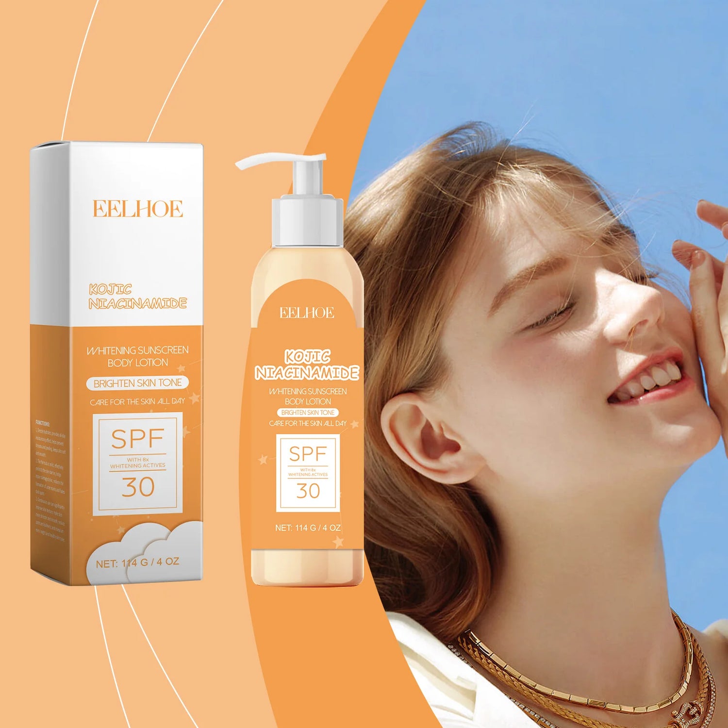 Elliocare sunscreen bottle and packaging with a woman applying sunscreen against a blue sky.