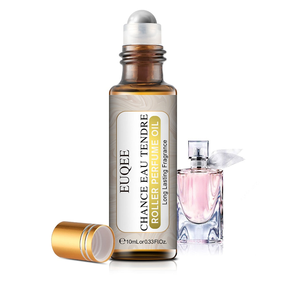 EUQEE roller bottle and pink perfume bottle on a white background